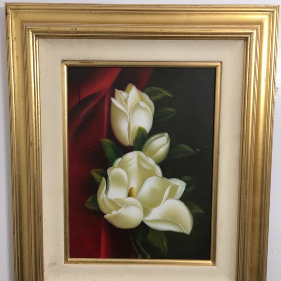 oil paintings of flowers by J. william. dimensions 21x25.